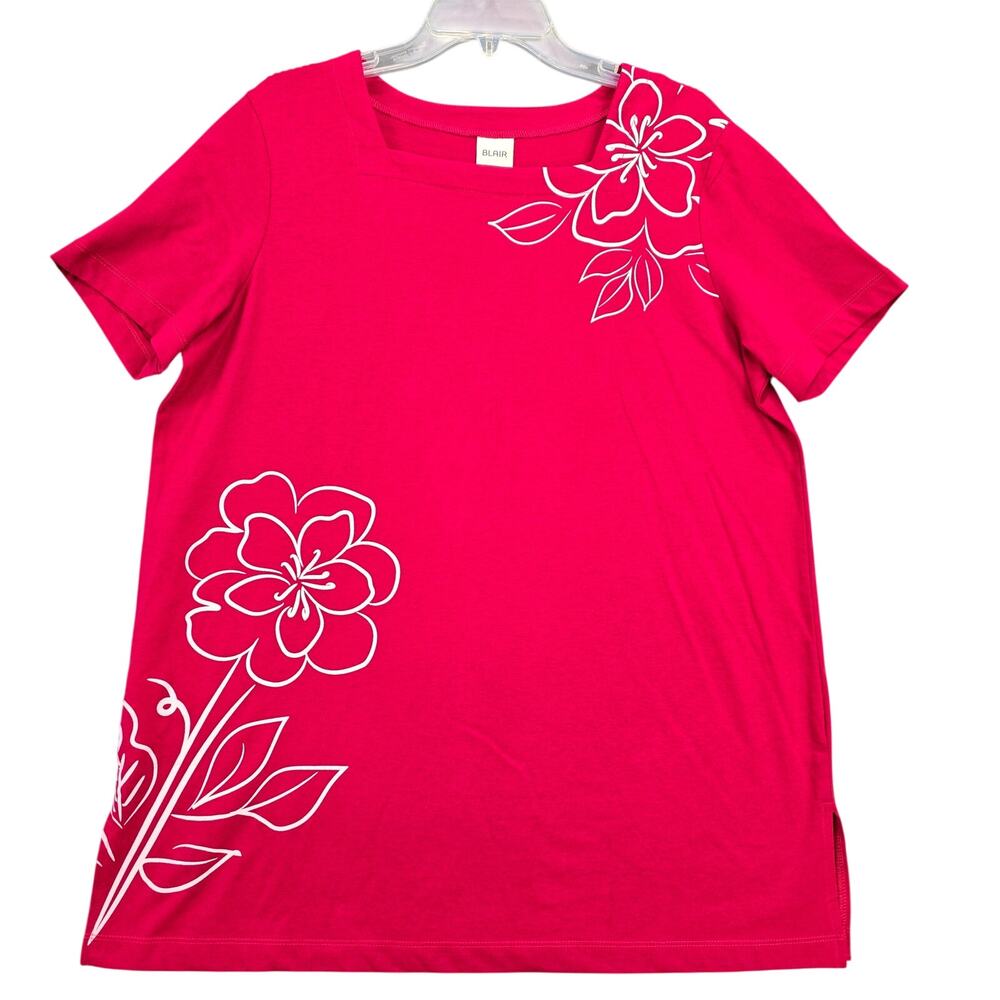Blair Red White Floral Shirt Short Sleeve Tee Scoop Neck Casual Top Women Size L